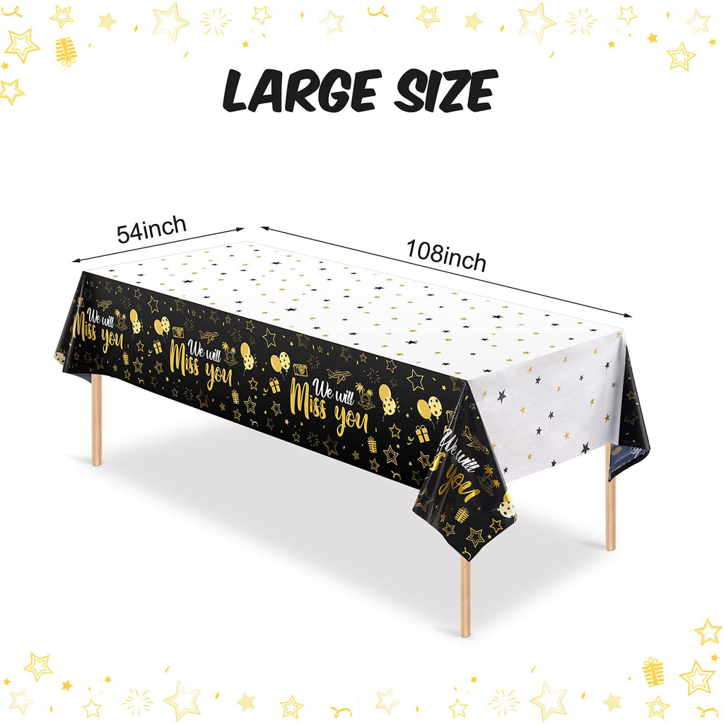Tatuo 3 Pack We Will Miss You Tablecloth - Gold Going Away Party Decorations, Disposable PE Plastic Table Cover for Farewell, Retirement, Graduation
