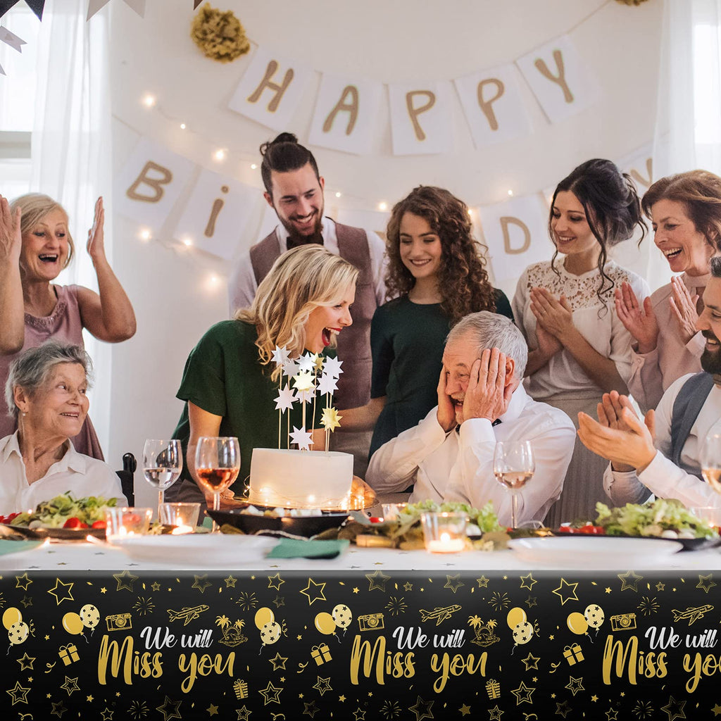Tatuo 3 Pack We Will Miss You Tablecloth - Gold Going Away Party Decorations, Disposable PE Plastic Table Cover for Farewell, Retirement, Graduation
