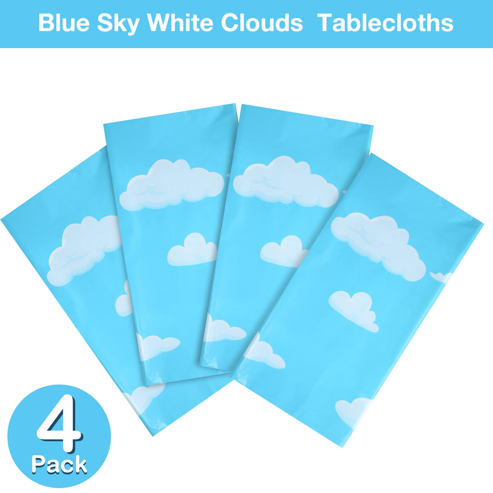 Tatuo 4-Pack Blue Sky White Clouds Cartoon Story Tablecloth for Birthday Parties, 54x108 Inch