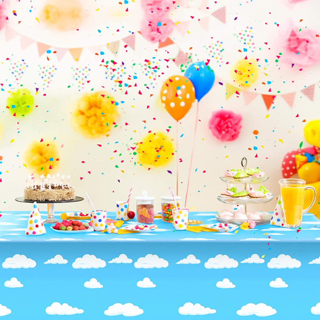 Tatuo 4-Pack Blue Sky White Clouds Cartoon Story Tablecloth for Birthday Parties, 54x108 Inch