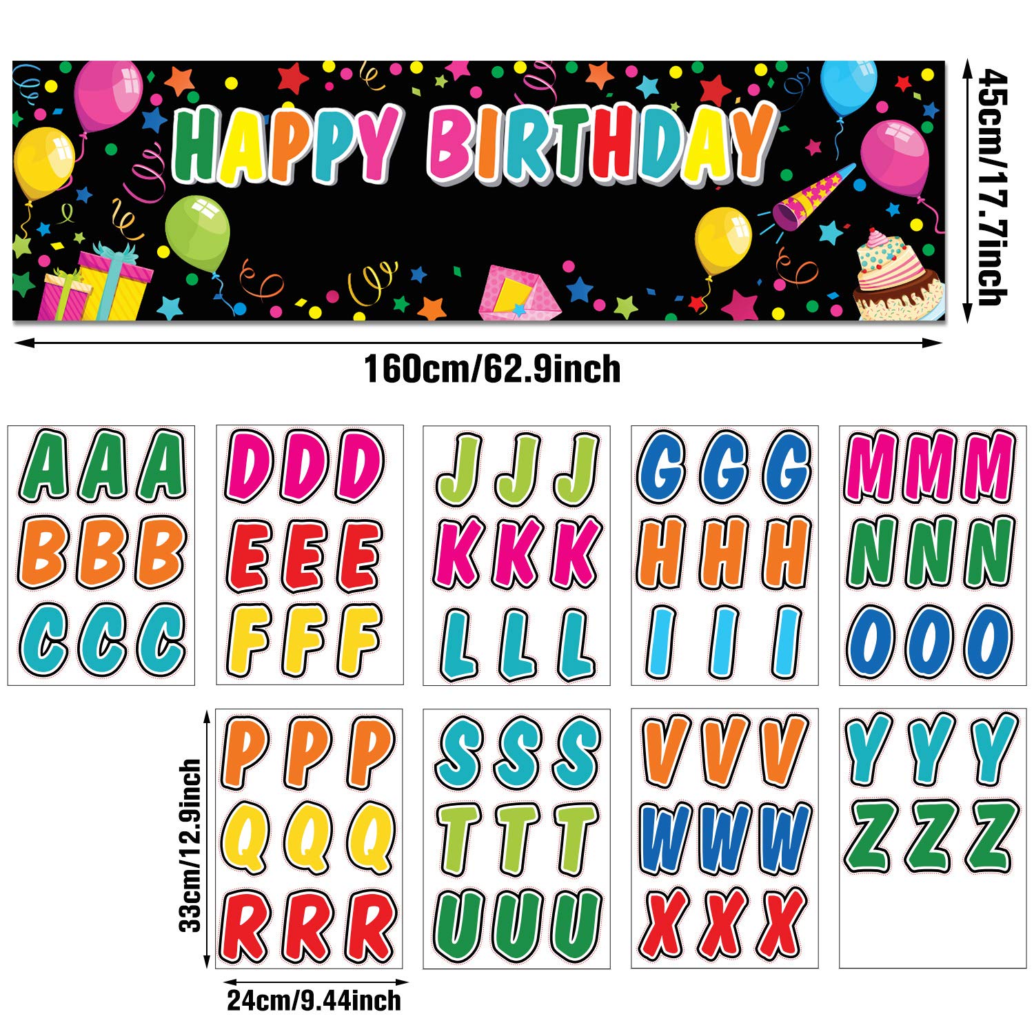 Tatuo Black Polyester Customizable Birthday Banner with Alphabet Stickers, 62.9x17.7 inches
