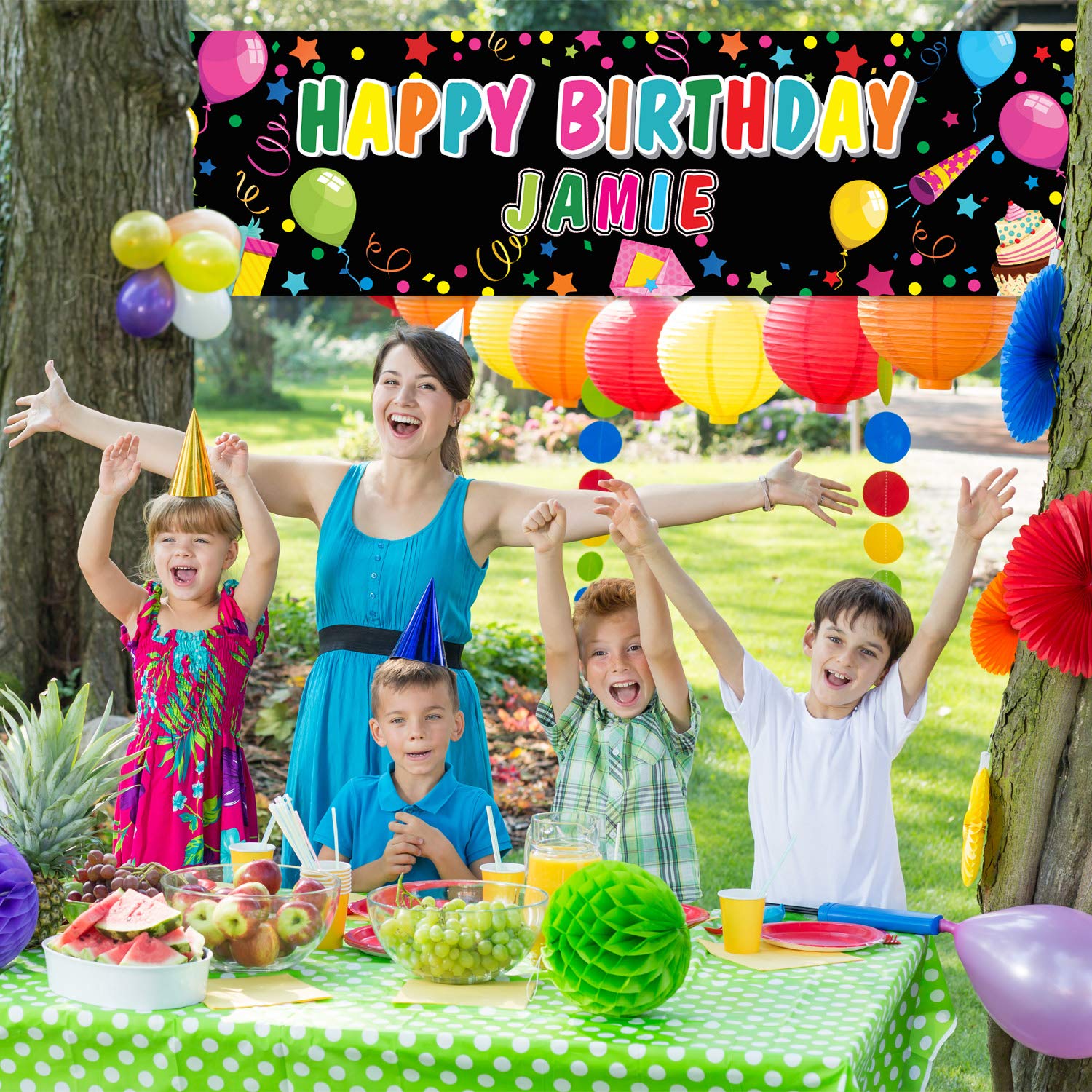 Tatuo Black Polyester Customizable Birthday Banner with Alphabet Stickers, 62.9x17.7 inches