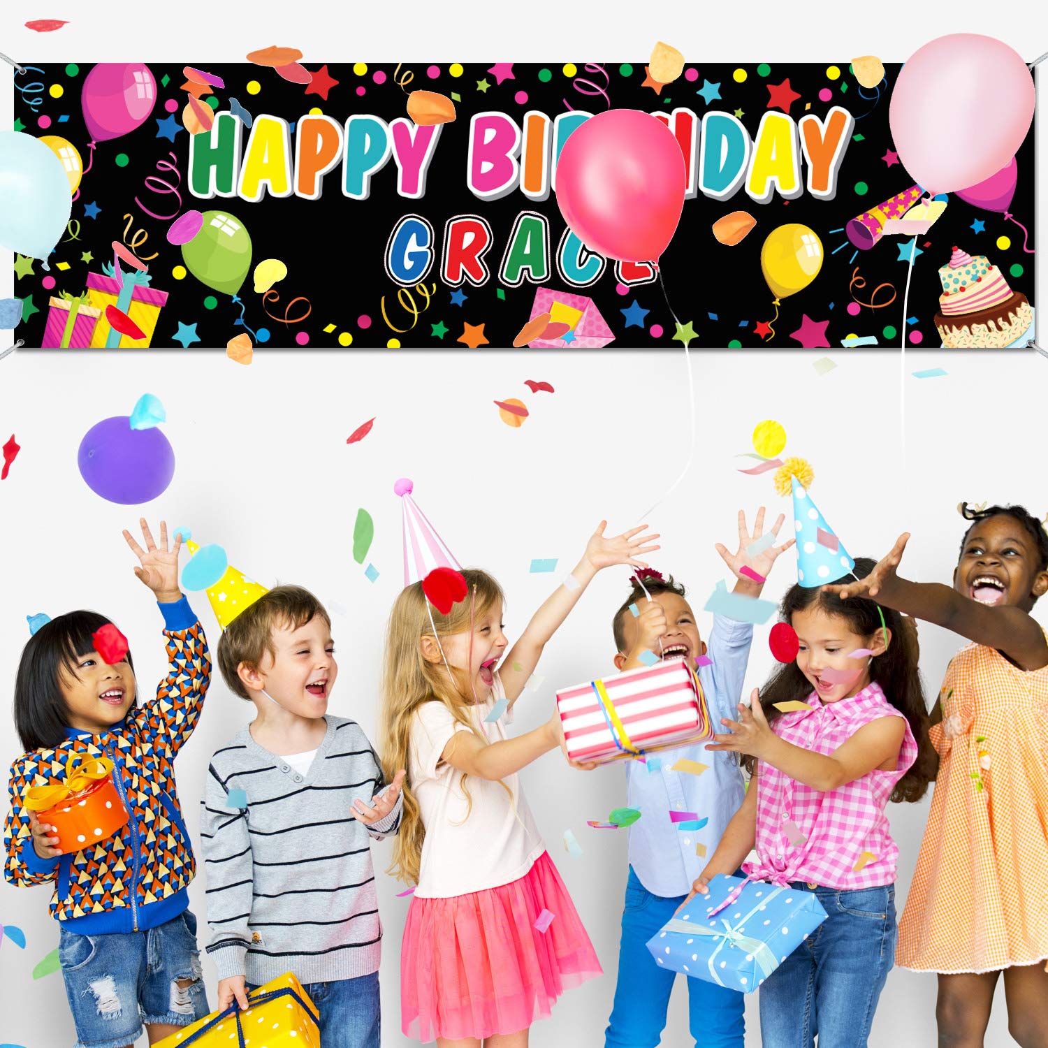 Tatuo Black Polyester Customizable Birthday Banner with Alphabet Stickers, 62.9x17.7 inches