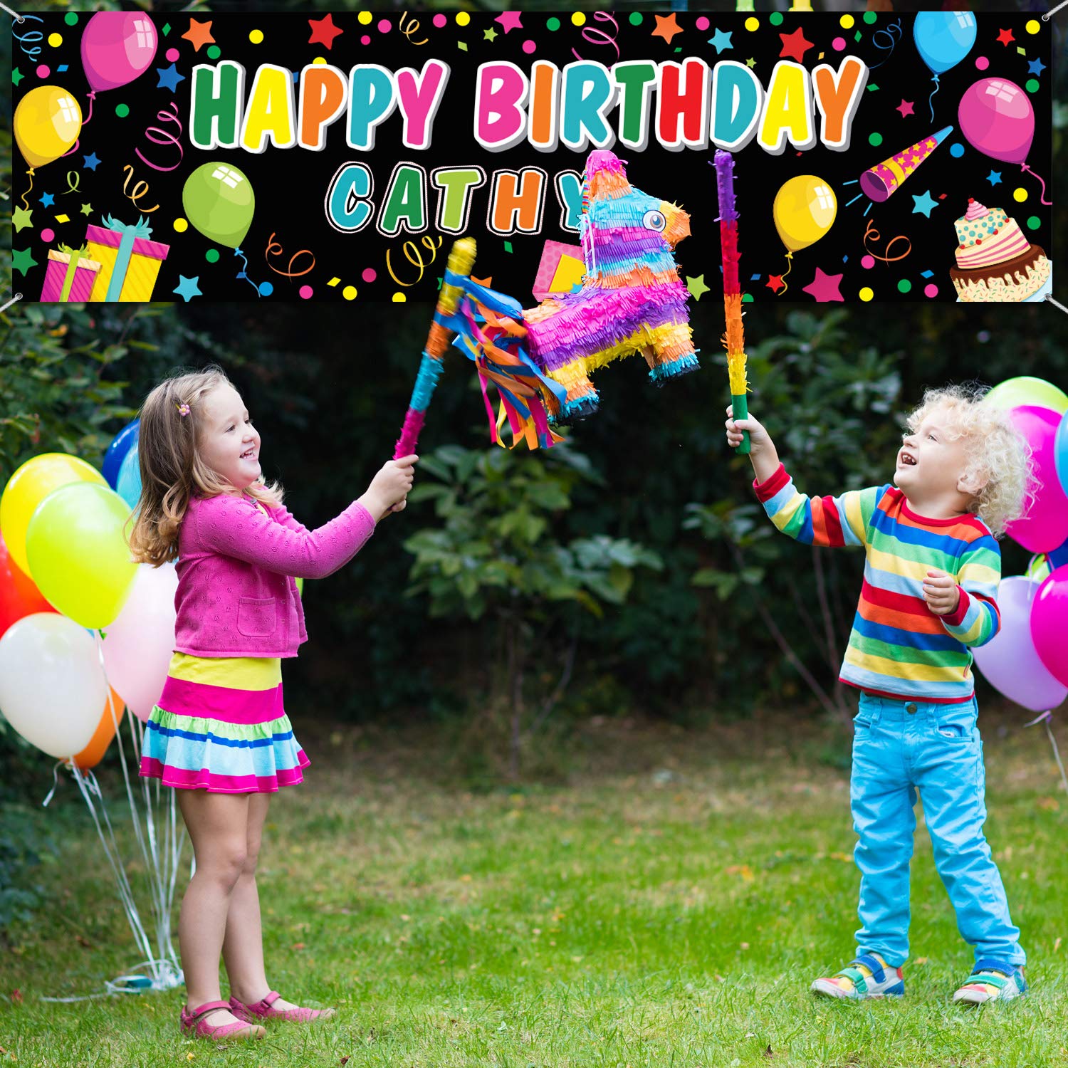 Tatuo Black Polyester Customizable Birthday Banner with Alphabet Stickers, 62.9x17.7 inches