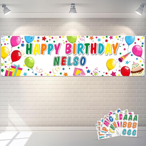 Tatuo Personalized Birthday Banner with DIY Alphabet Stickers - White Polyester Backdrop for Custom Name Party Decor (62.9 x 17.7 in)