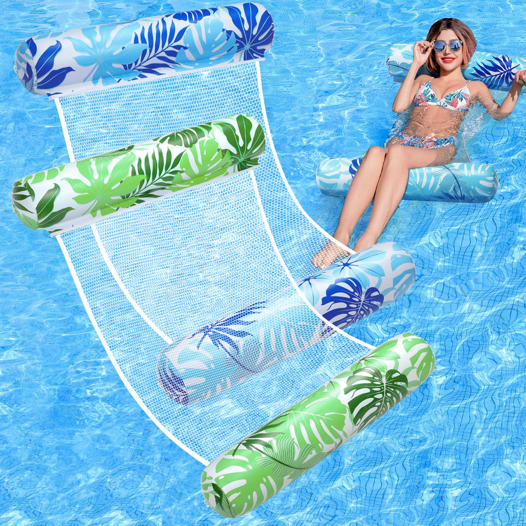 Tavaleu 2-Pack Inflatable Pool Floats for Adults – 4-in-1 Multipurpose Raft & Water Hammock (Blue & Green Leaves)