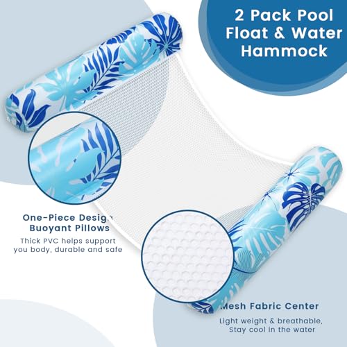Tavaleu 2-Pack Inflatable Pool Floats for Adults – 4-in-1 Multipurpose Raft & Water Hammock (Blue & Green Leaves)