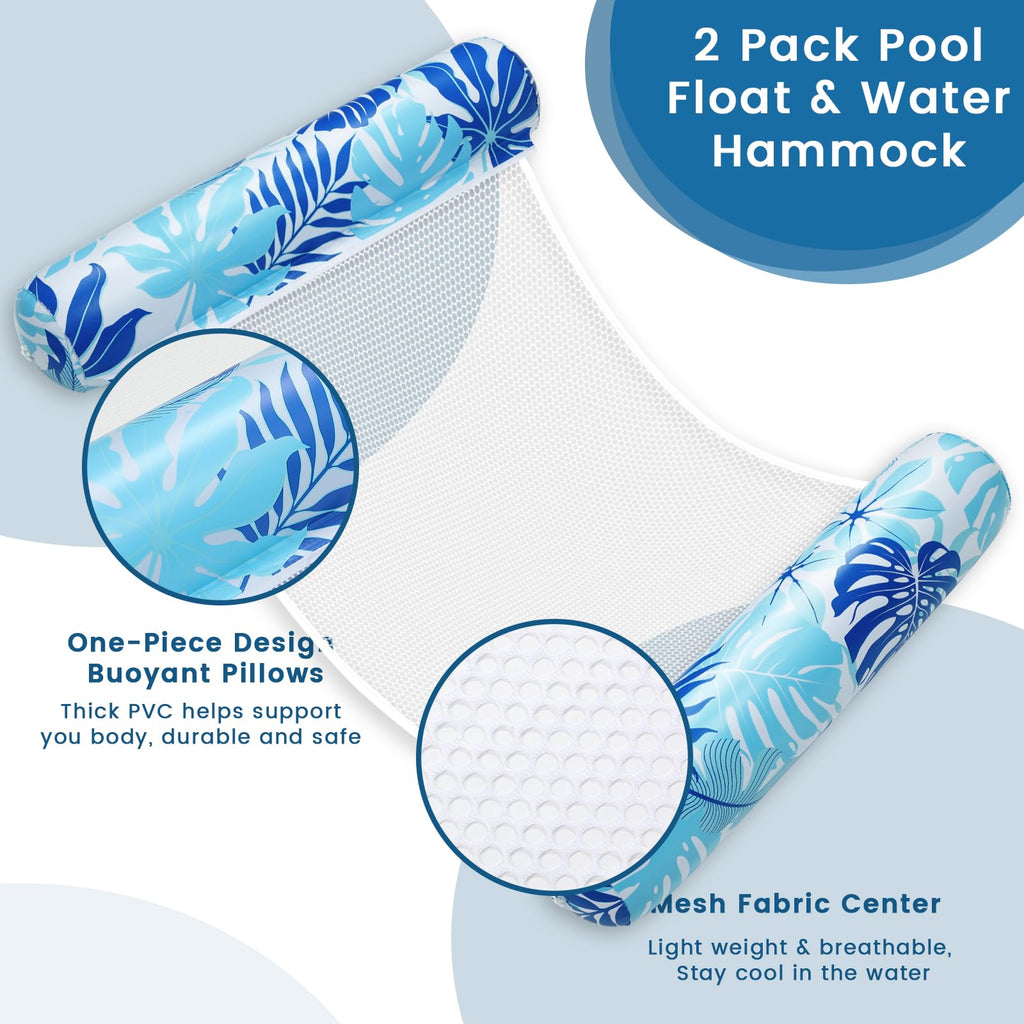 Tavaleu 2-Pack Inflatable Pool Floats for Adults – 4-in-1 Multipurpose Raft & Water Hammock (Blue & Green Leaves)