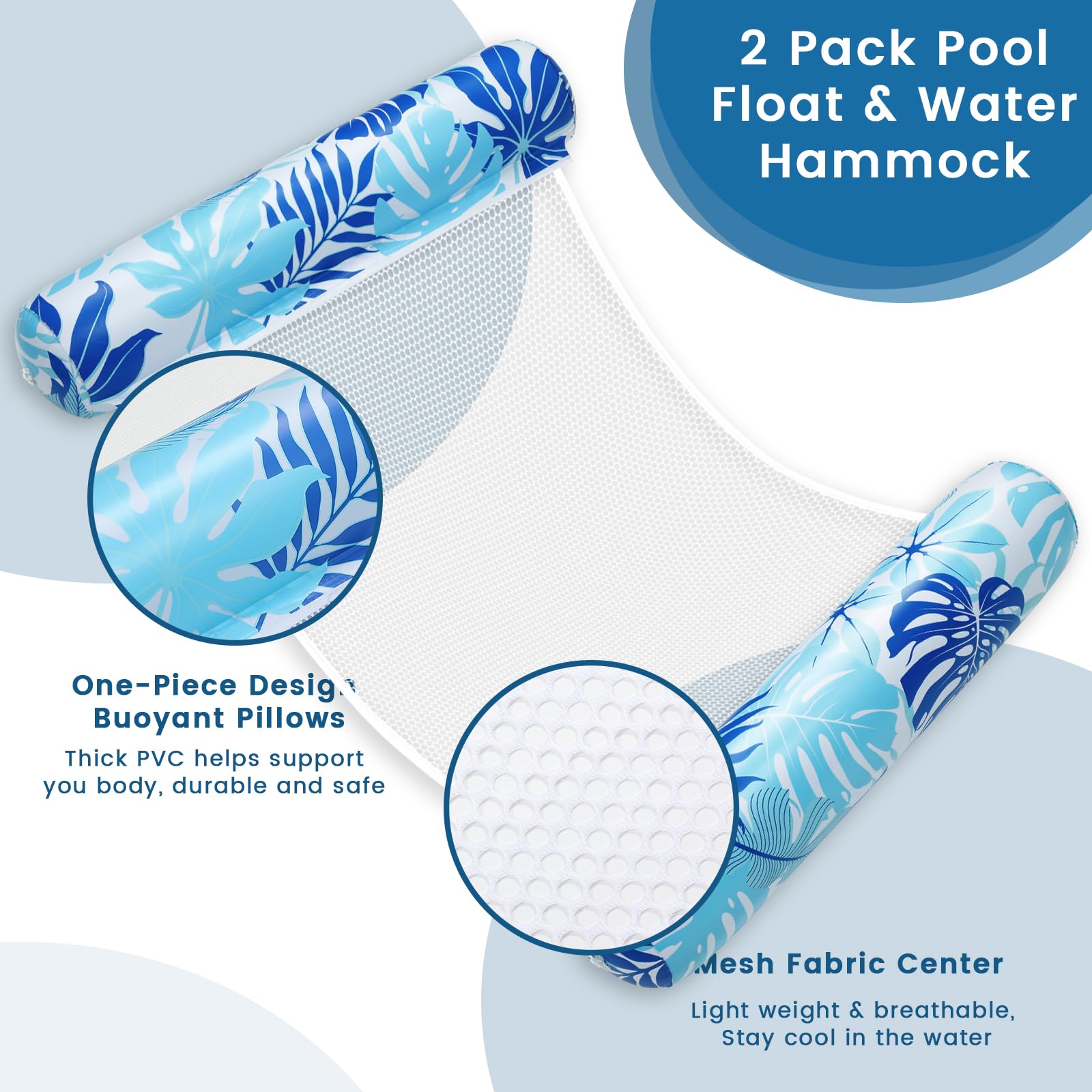 Tavaleu 2-Pack Inflatable Pool Floats for Adults – 4-in-1 Multipurpose Raft & Water Hammock (Blue & Green Leaves)