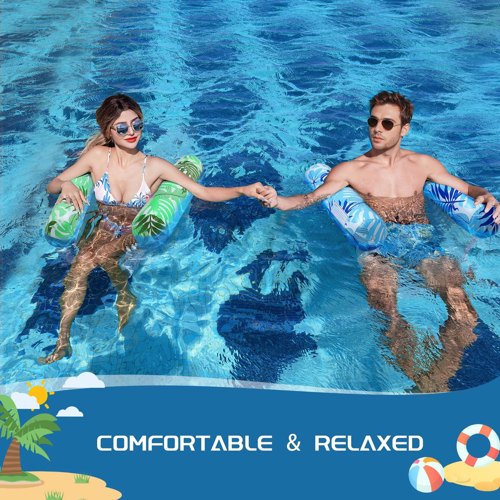 Tavaleu 2-Pack Inflatable Pool Floats for Adults – 4-in-1 Multipurpose Raft & Water Hammock (Blue & Green Leaves)