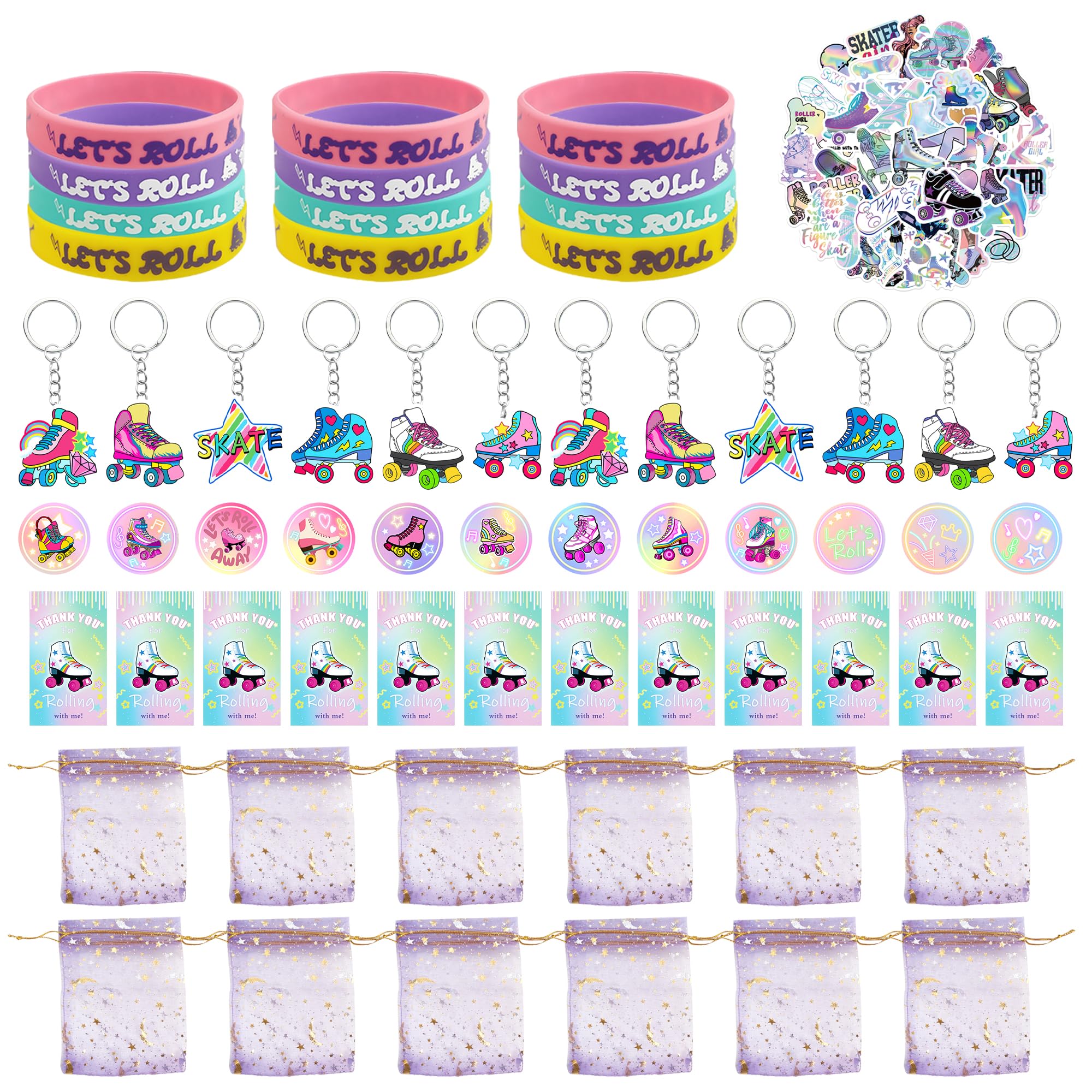 Tazimi 110-Piece Roller Skate Party Favor Set with Stickers, Keychains, Pins, Bracelets & Cards for Hip Hop Disco 80s 90s Themed Parties