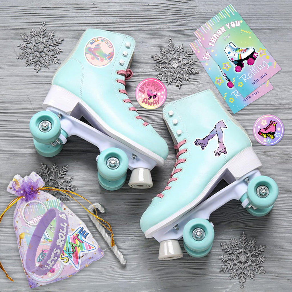 Tazimi 110-Piece Roller Skate Party Favor Set with Stickers, Keychains, Pins, Bracelets & Cards for Hip Hop Disco 80s 90s Themed Parties