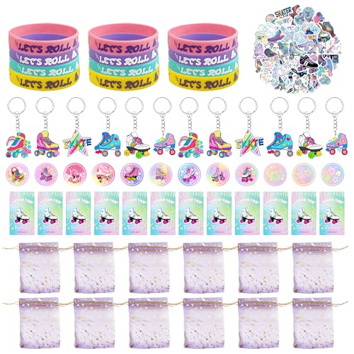 Tazimi 110-Piece Roller Skate Party Favor Set with Stickers, Keychains, Pins, Bracelets & Cards for Hip Hop Disco 80s 90s Themed Parties