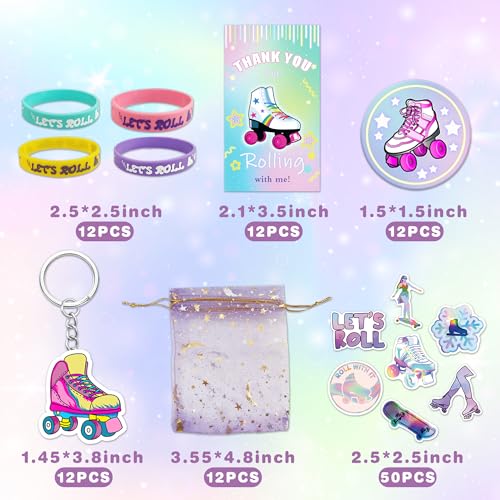 Tazimi 110-Piece Roller Skate Party Favor Set with Stickers, Keychains, Pins, Bracelets & Cards for Hip Hop Disco 80s 90s Themed Parties
