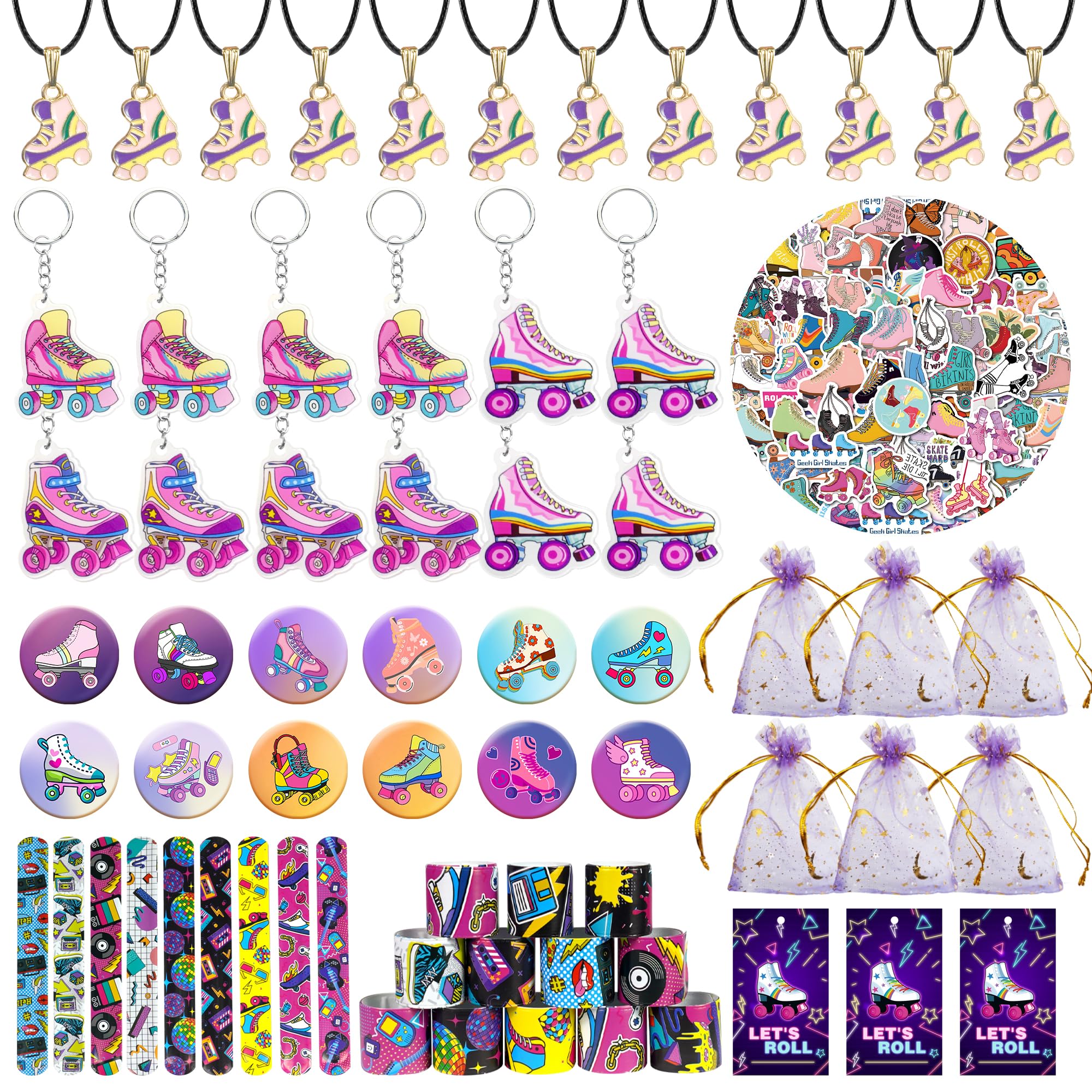 Tazimi 122-Piece Roller Skate Party Favor Pack – Stickers, Keychains, Bracelets for Skate Themed Parties