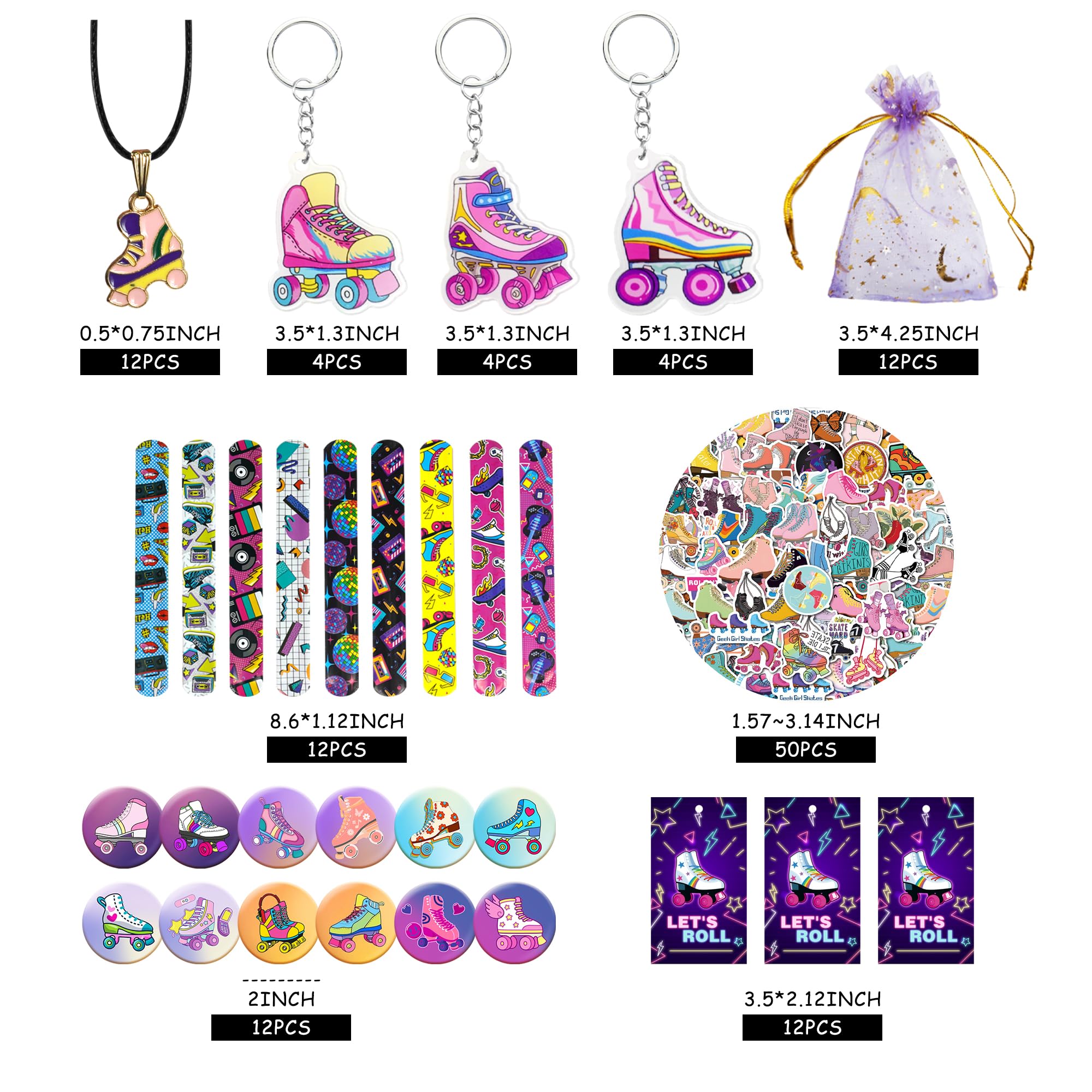 Tazimi 122-Piece Roller Skate Party Favor Pack – Stickers, Keychains, Bracelets for Skate Themed Parties