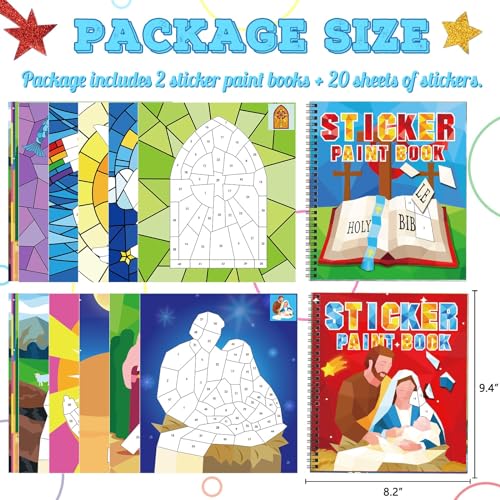 TBEEJ 2-Pack Bible Sticker Paint Books for Kids – 20 Christian Designs, Sticker by Number Activity for Ages 3+