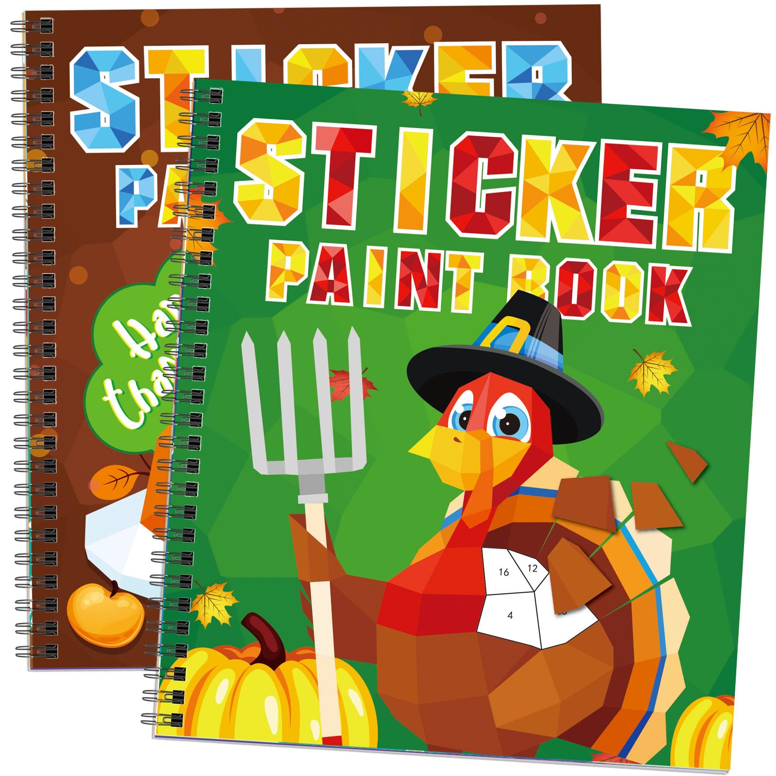 TBEEJ 2-Pack Thanksgiving Sticker Paint Books for Kids Ages 3-8 | 20 Picture Sheets + Separate Sticker Pages