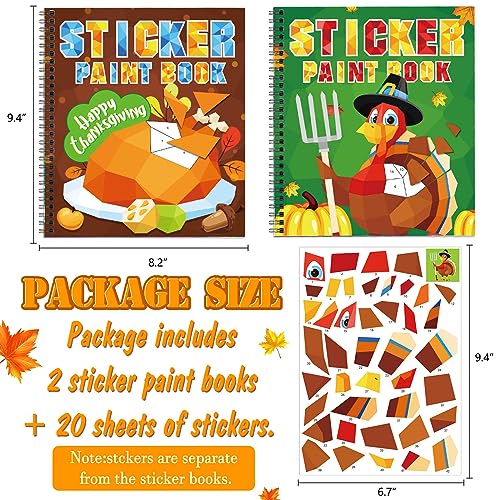 TBEEJ 2-Pack Thanksgiving Sticker Paint Books for Kids Ages 3-8 | 20 Picture Sheets + Separate Sticker Pages