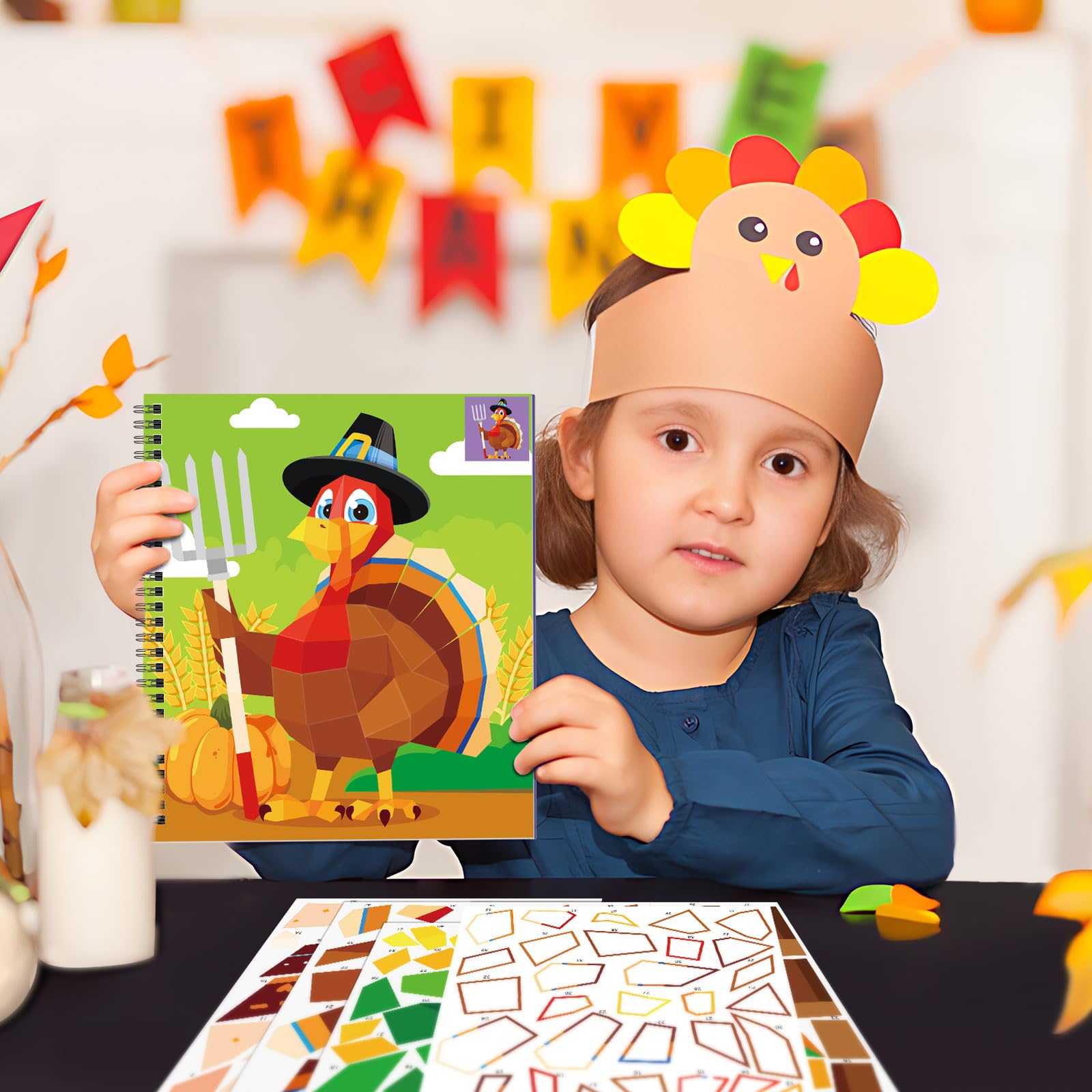 TBEEJ 2-Pack Thanksgiving Sticker Paint Books for Kids Ages 3-8 | 20 Picture Sheets + Separate Sticker Pages