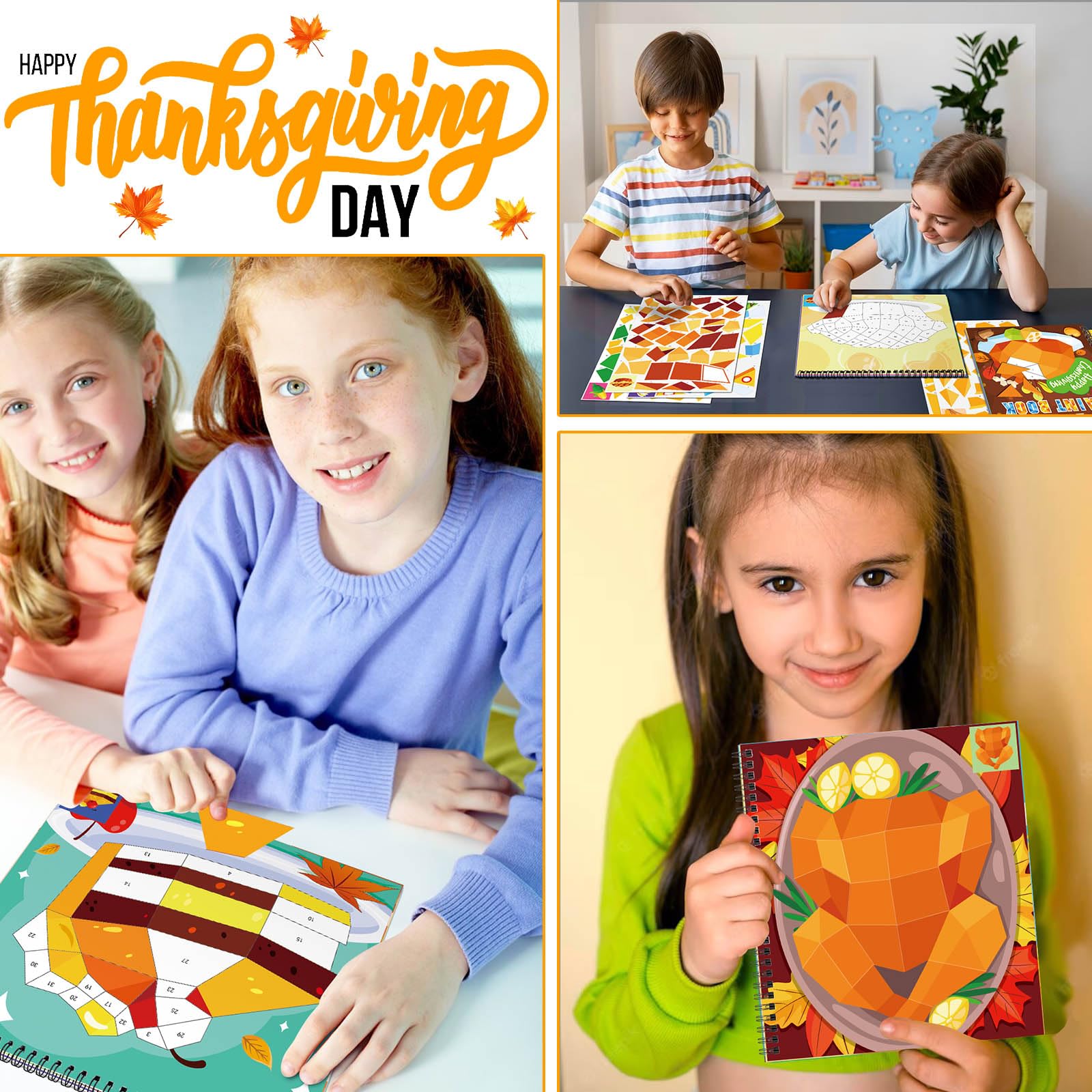 TBEEJ 2-Pack Thanksgiving Sticker Paint Books for Kids Ages 3-8 | 20 Picture Sheets + Separate Sticker Pages