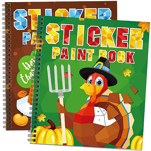 TBEEJ 2-Pack Thanksgiving Sticker Paint Books for Kids Ages 3-8 | 20 Picture Sheets + Separate Sticker Pages