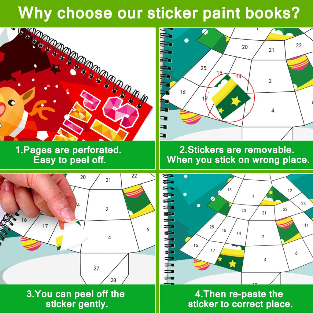 TBEEJ Christmas Sticker Paint Books for Kids Ages 3+ - 2 Books, 20 Pictures, 20 Sticker Sheets