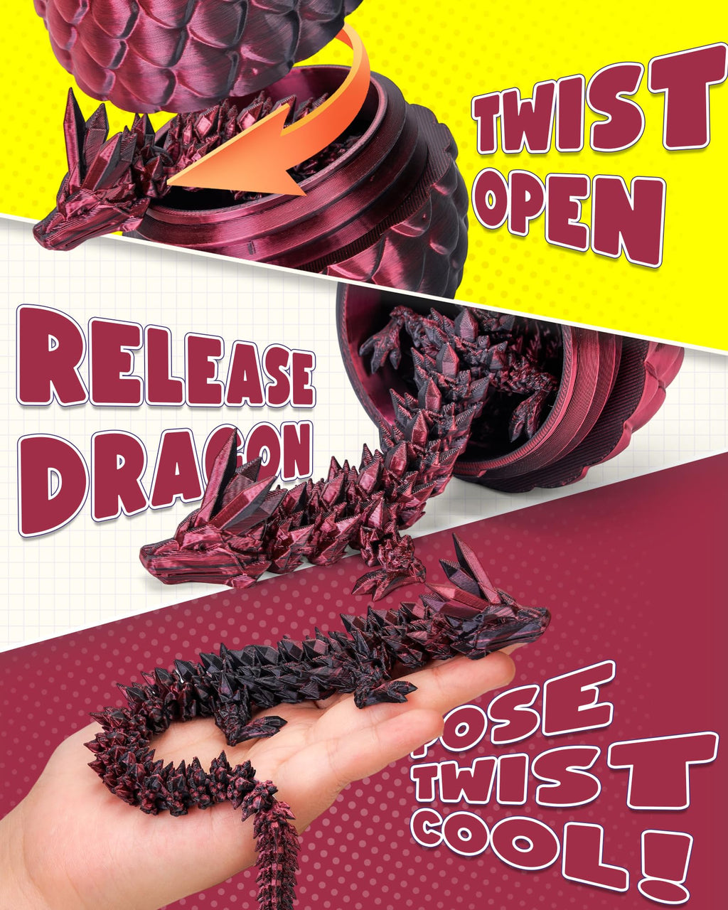 TBOLINE 12" 3D Printed Dragon Egg with Articulated Crystal Dragon Toy – Surprise Egg for Kids