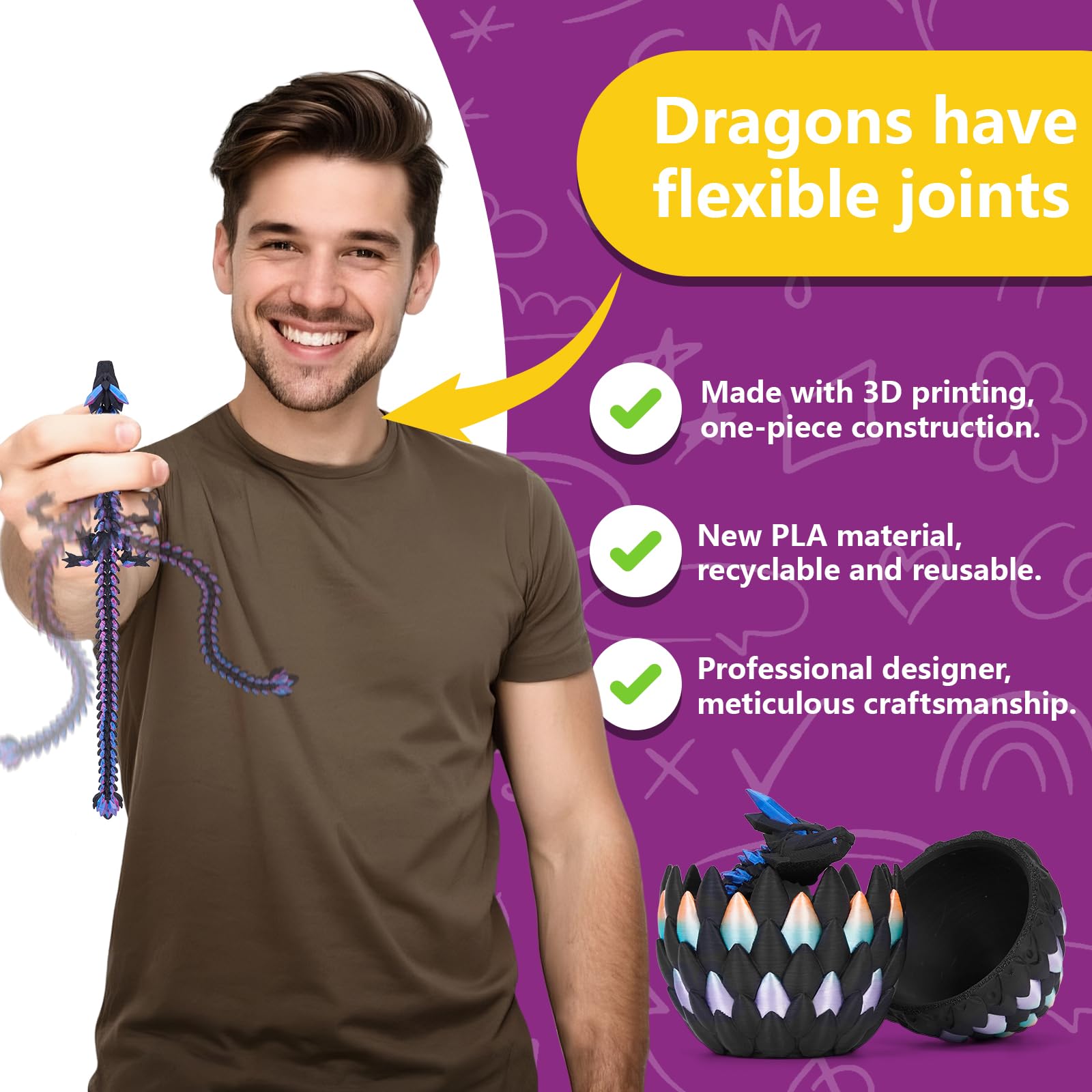 TBOLINE 3D Printed Dragon Egg with Articulated Dragon – Easter Basket Filler Toy