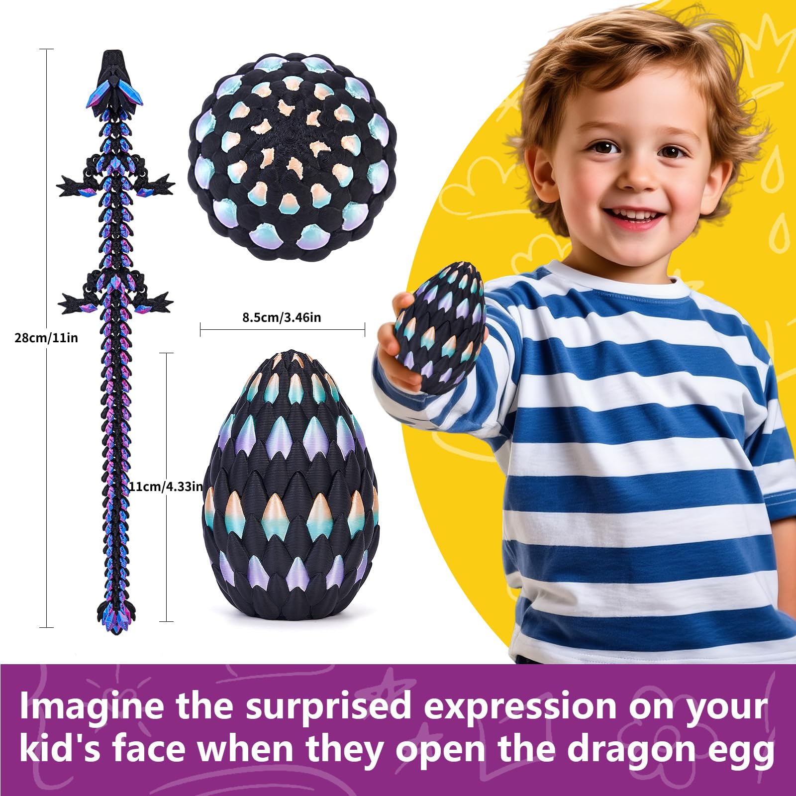 TBOLINE 3D Printed Dragon Egg with Articulated Dragon – Easter Basket Filler Toy