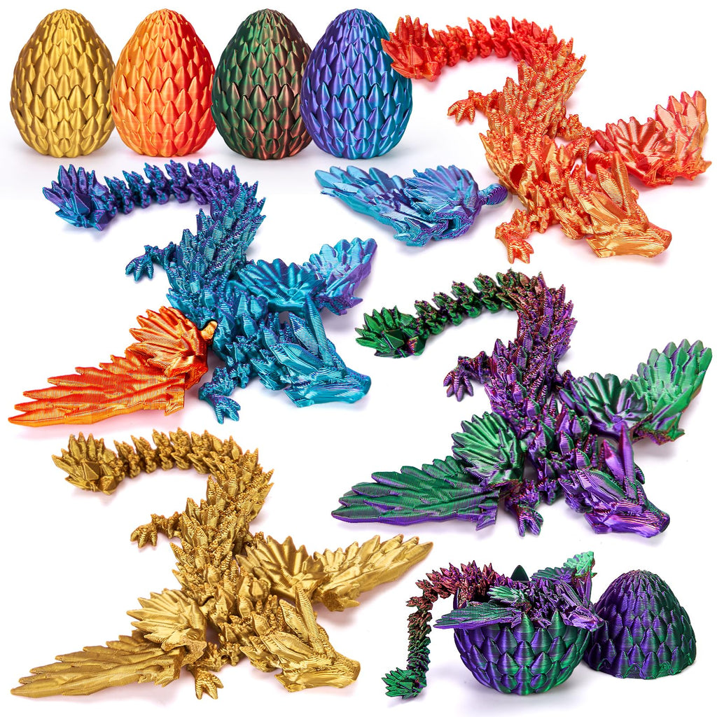 TBOLINE 4 Pack 3D Printed Dragons with Wings and Eggs – Removable Wing Fidget Toys for Kids