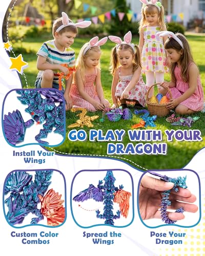 TBOLINE 4 Pack 3D Printed Dragons with Wings and Eggs – Removable Wing Fidget Toys for Kids