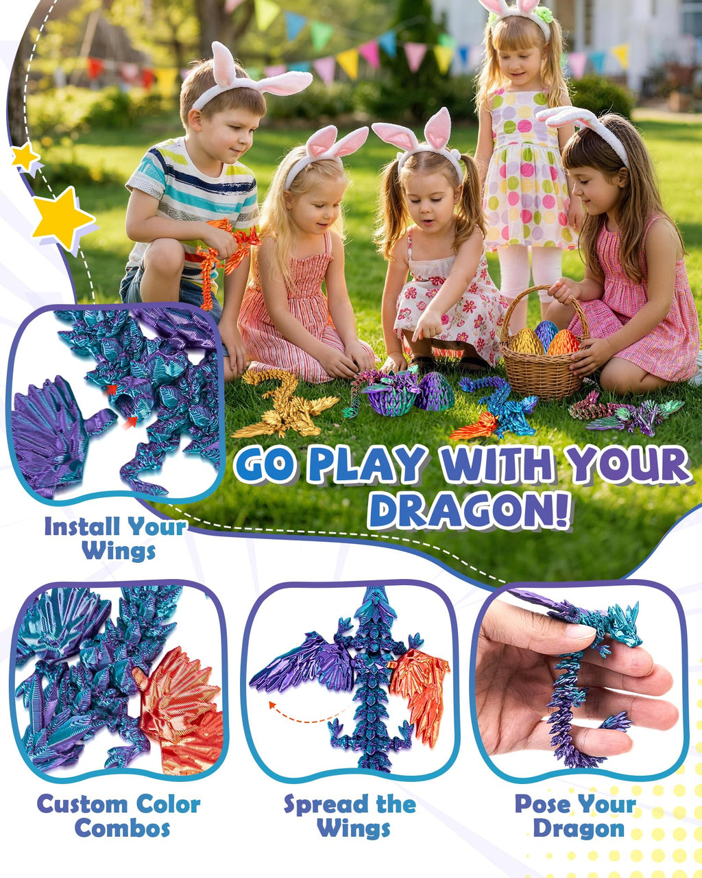 TBOLINE 4 Pack 3D Printed Dragons with Wings and Eggs – Removable Wing Fidget Toys for Kids