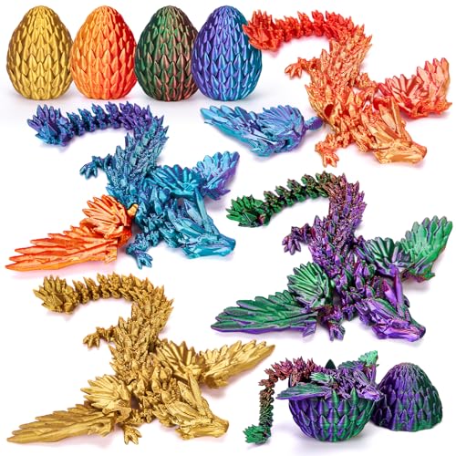 TBOLINE 4 Pack 3D Printed Dragons with Wings and Eggs – Removable Wing Fidget Toys for Kids