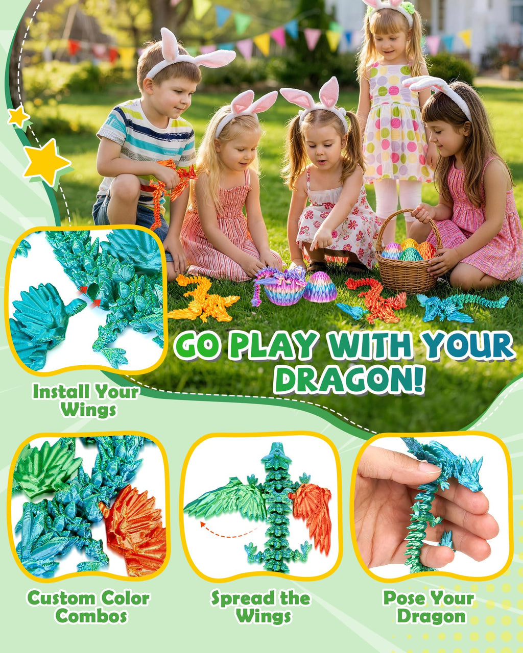TBOLINE Flying Dragon Eggs Set – 4 3D Printed Dragons with Interchangeable Wings & Refillable Eggs