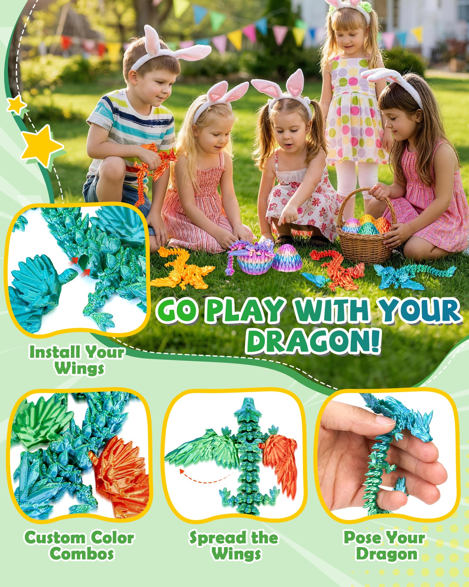 TBOLINE Flying Dragon Eggs Set – 4 3D Printed Dragons with Interchangeable Wings & Refillable Eggs