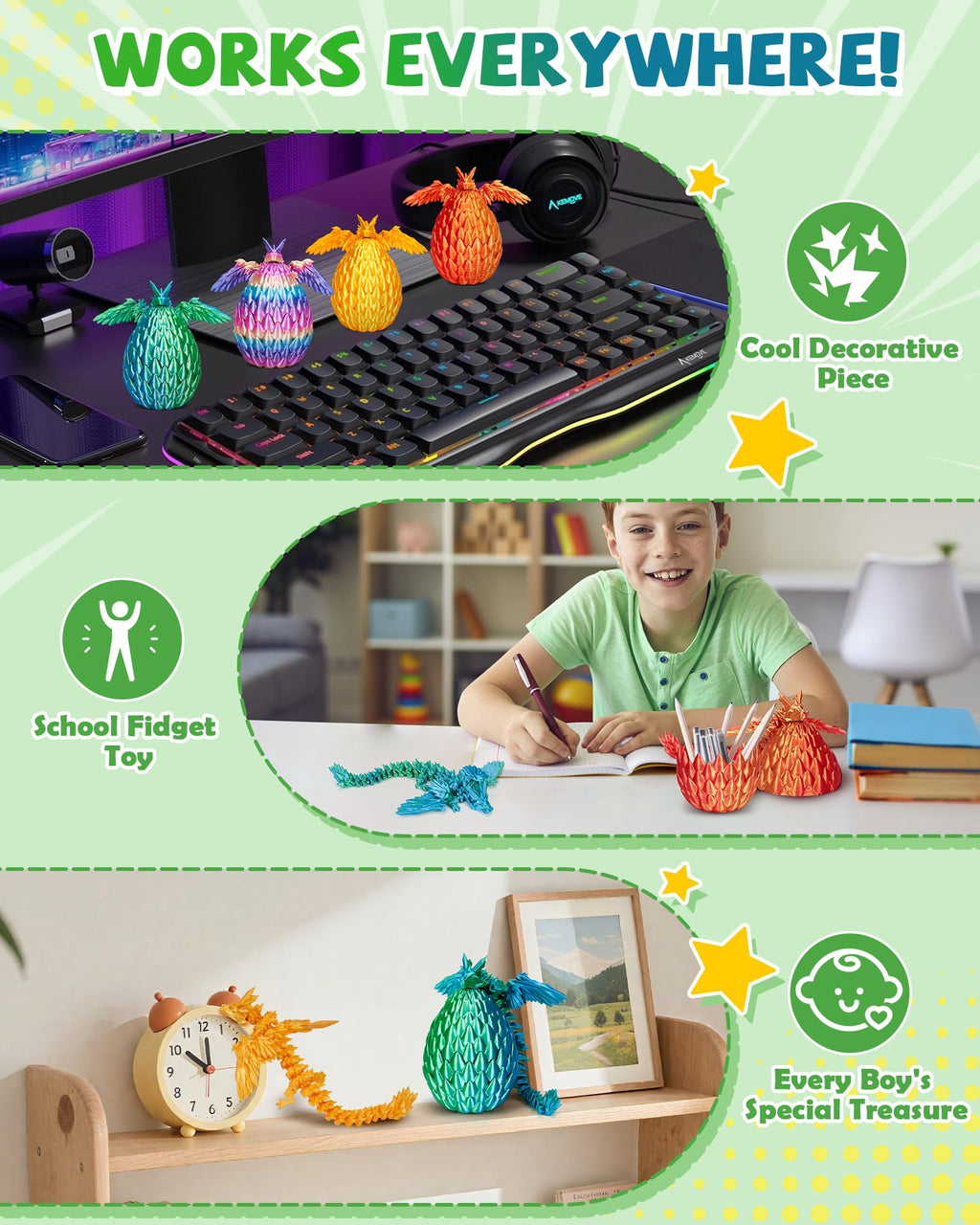 TBOLINE Flying Dragon Eggs Set – 4 3D Printed Dragons with Interchangeable Wings & Refillable Eggs