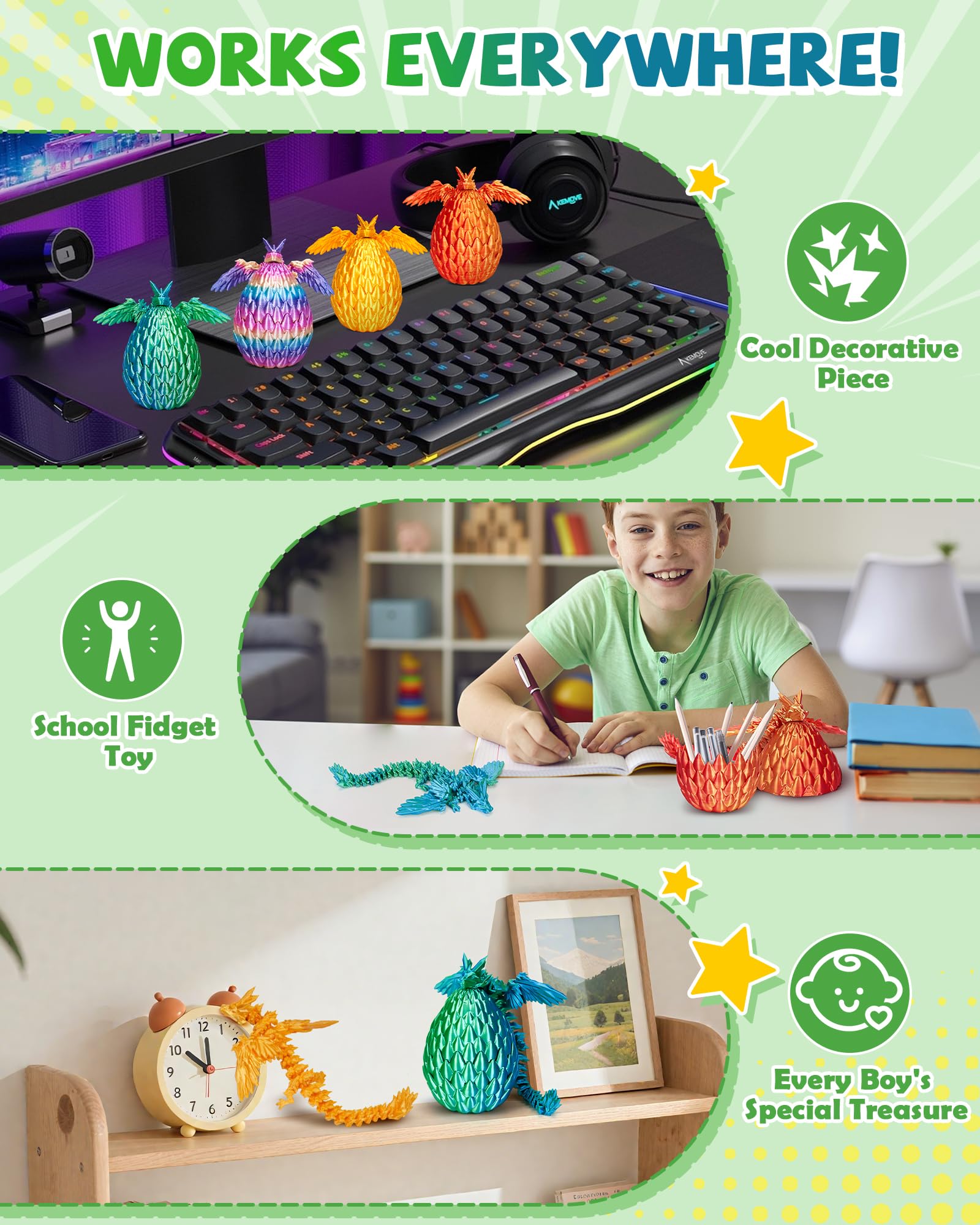 TBOLINE Flying Dragon Eggs Set – 4 3D Printed Dragons with Interchangeable Wings & Refillable Eggs