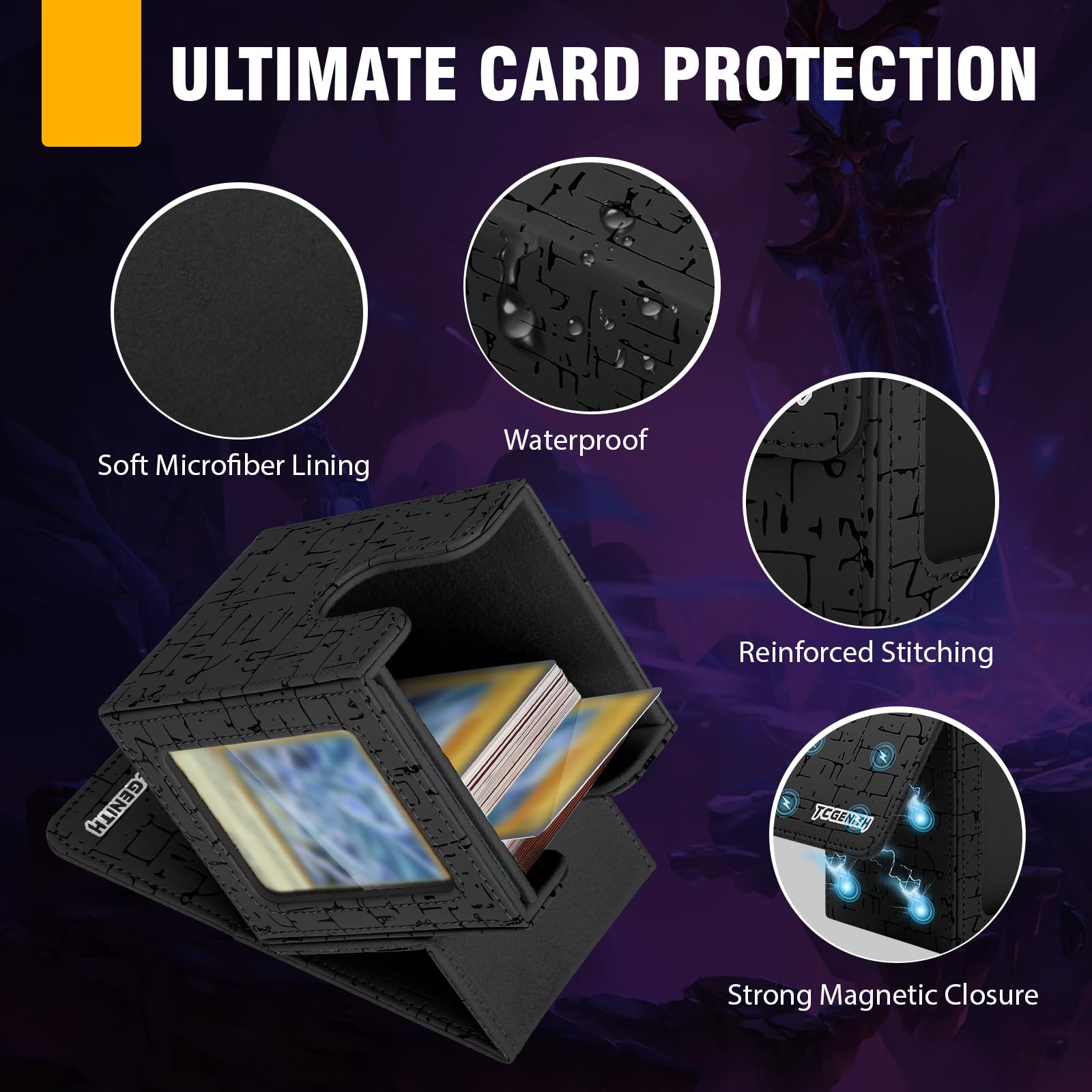 TCGENITH MTG Commander Deck Box with Display Window – Holds 100+ Double-Sleeved Cards, PU Leather Magnetic Closure Case (Black)