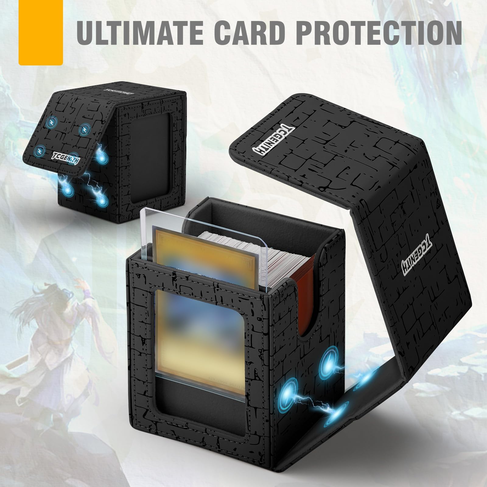 TCGENITH MTG Commander Deck Box with Display Window – Holds 100+ Double-Sleeved Cards, PU Leather Magnetic Closure Case (Black)