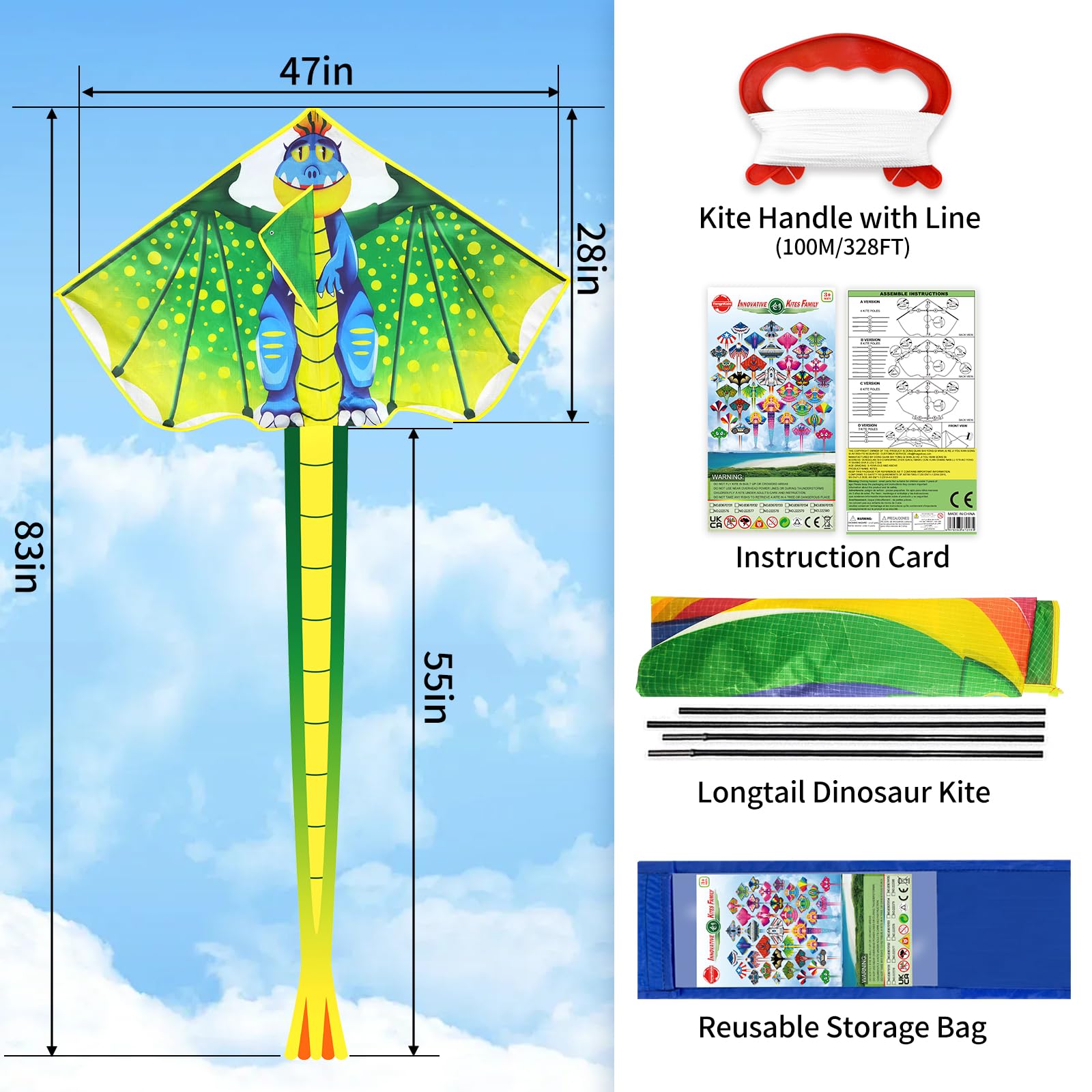 Tcvents Dinosaur Kite for Kids Ages 4-12, Easy to Fly with Handle & 328ft String