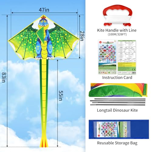 Tcvents Dinosaur Kite for Kids Ages 4-12, Easy to Fly with Handle & 328ft String