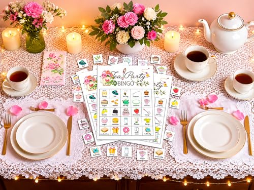 Tea Party Bingo Cards – 24 Players, 5x7 Inch Thick Cardstock, Smudge-Proof Matte Finish, Party Game for Adults and Kids
