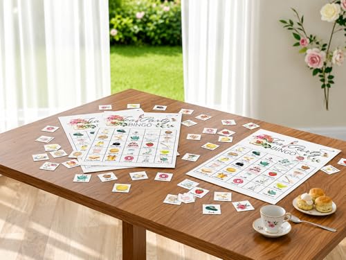 Tea Party Bingo Cards – 24 Players, 5x7 Inch Thick Cardstock, Smudge-Proof Matte Finish, Party Game for Adults and Kids
