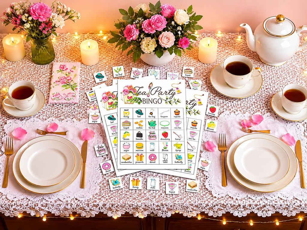 Tea Party Bingo Cards – 24 Players, 5x7 Inch Thick Cardstock, Smudge-Proof Matte Finish, Party Game for Adults and Kids