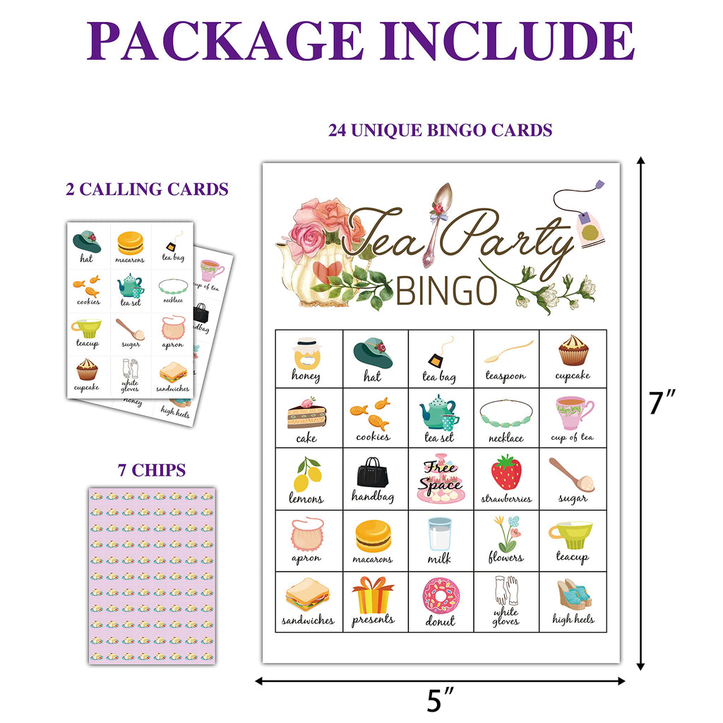Tea Party Bingo Cards – 24 Players, 5x7 Inch Thick Cardstock, Smudge-Proof Matte Finish, Party Game for Adults and Kids