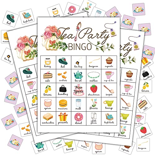 Tea Party Bingo Cards – 24 Players, 5x7 Inch Thick Cardstock, Smudge-Proof Matte Finish, Party Game for Adults and Kids
