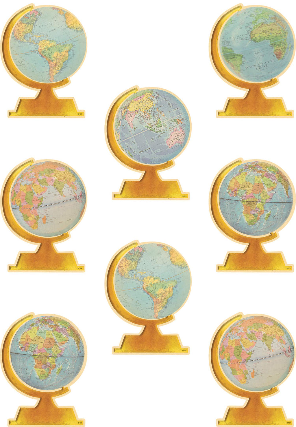 Teacher Created Resources Travel The Map Globe Accents - 30 Pack, 6 Inch Paper Cutouts, 5 Designs for Classroom Decor