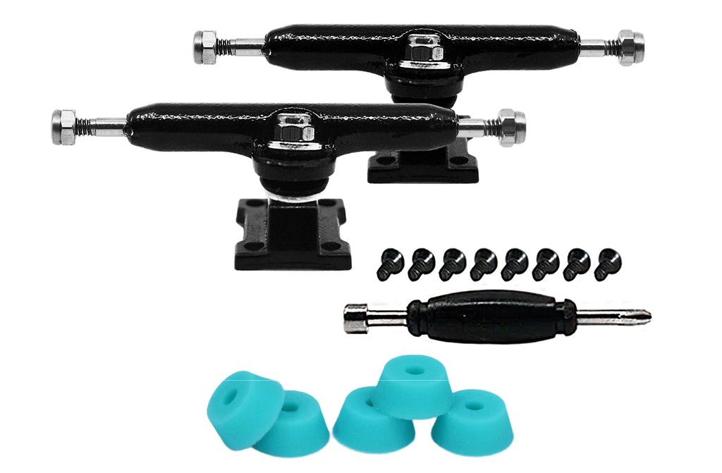 Teak Tuning 32mm Prodigy Gen2 Pro Fingerboard Trucks – Black Pro-Style Base and Hanger with Locknut Kingpin and Teal Bubble Bushings