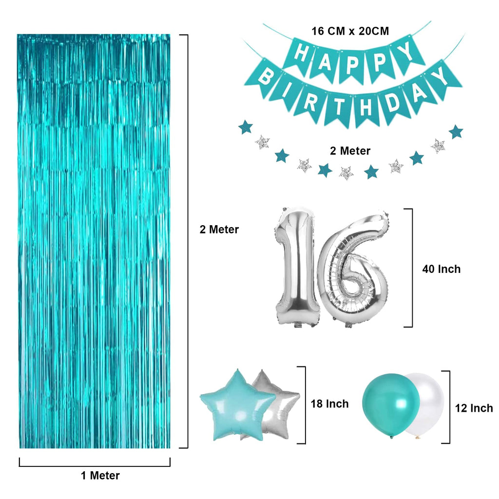 Teal Blue Sweet 16 Birthday Decorations – Banner, Balloons, Fringe Curtain & Star Garland Set for Girls
